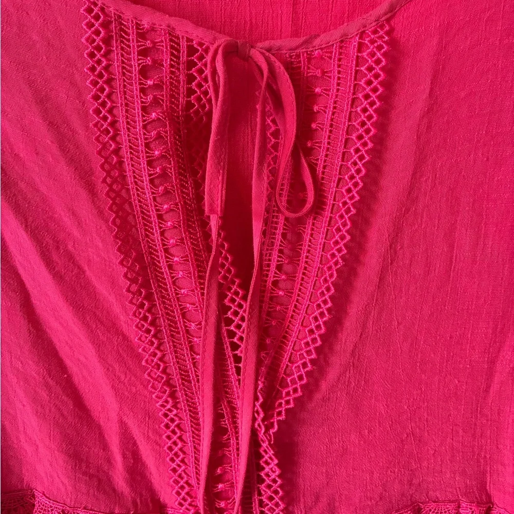 Nanette Lepore Hot Pink Ruffle Sleeve Tie Front Blouse Top Boho Coquette L - Picture 4 of 9